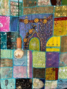 a close up of a quilt with a castle on it at City room in Alkmaar