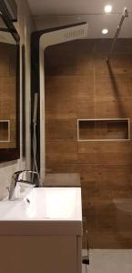 a bathroom with a white sink and a wooden wall at Domek Anna Zawóz in Zawóz +28 photos
