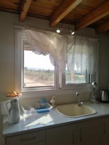 Una encimera de cocina con un fregadero y una ventana. en Olive Tree House II, en Dhermatiánika
