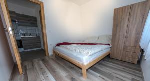 a small bedroom with a bed and a mirror at FeDa Apartmanház in Balatonboglár