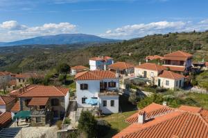 a village with houses and mountains in the background at Stone House in Lafkos Pelion in Lafkos