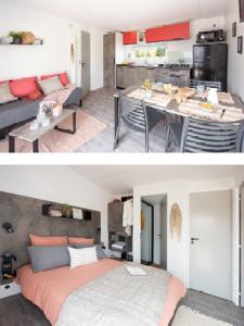 Il comprend une chambre et un salon avec un lit et une cuisine. dans l'établissement Camping La Touesse, à Saint-Lunaire