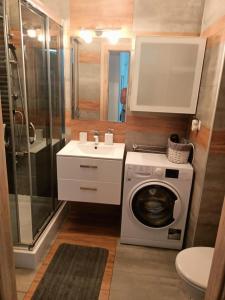 a bathroom with a washing machine and a sink at Apartament Polonia in Szczecin