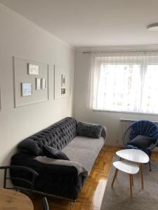 un soggiorno con divano nero e tavolo di Apartman ML a Lukavica