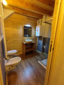 a bathroom with a toilet and a sink in a cabin at Appartamento sul Ruscello in Ponte di Legno
