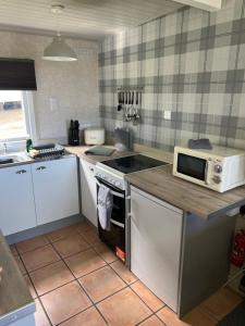 a kitchen with a stove and a microwave on a counter at Woodlands Hedgehog Chalet, Bideford Bay Holiday Park in Bucks Mills