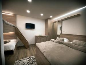 sypialnia z dwoma łóżkami i telewizorem na ścianie w obiekcie U Králíka, přízemní bezbarierové apartmány A,B,C,D - 50 metrů od vleku - přejdete v lyžácích, pod bobovou dráhou, parkování zdarma, lyžárna s vysoušeči bot, w mieście Dolní Morava