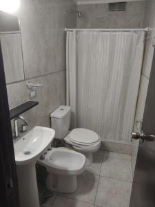 a bathroom with a toilet and a sink and a shower at Hotel Flamingo in Mar del Plata