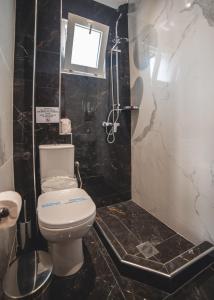 a bathroom with a toilet and a shower with a window at Hotel Galaxy in Kalabaka