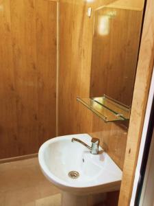 y baño con lavabo blanco y espejo. en Guesthouse Sagrila en Omalo