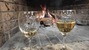 two glasses of white wine in front of a fireplace at Renas home in Anavyssos