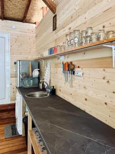 a kitchen with a sink and a wooden wall at karavana.ta in Chernomorets