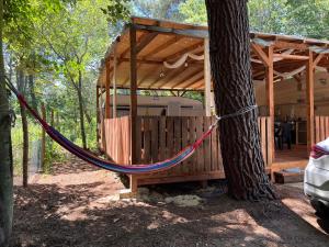 a hammock tied to a tree in front of a house at karavana.ta in Chernomorets