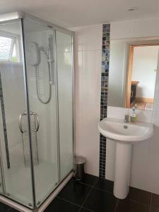 uma casa de banho com uma cabina de duche em vidro e um lavatório. em Beautiful Rural Self Contained Farm Annex em Hordle