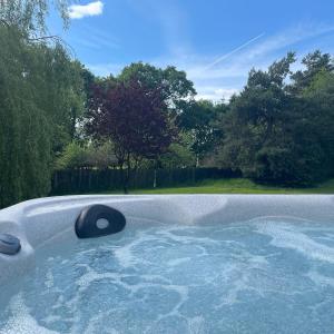 a jacuzzi tub in a yard with trees at Orchard View Lodge in Woodhall Spa