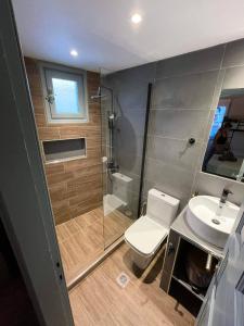 a bathroom with a shower and a toilet and a sink at Grecos ART SKIATHOS in Skiathos +65 photos