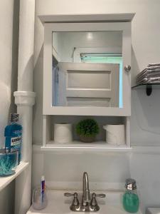 a bathroom sink with a mirror above a sink at Lovely 2 Bedroom Cottage Just Off Orange Lake! in Newburgh