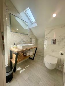 bagno con lavandino, servizi igienici e specchio di Ida Old Town Rooms 2 a Dubrovnik