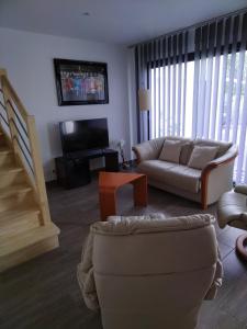 - un salon avec un canapé et une télévision dans l'établissement ANGLET petite Maison à 2 kms des plages et de Biarritz, à Anglet