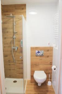 ein Bad mit einer Dusche, einem WC und einer Dusche in der Unterkunft Perła Dunajca Zakliczyn in Zakliczyn