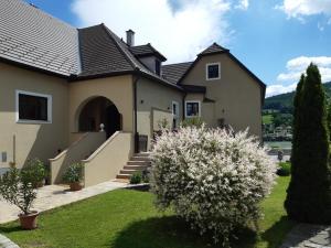 una casa grande con un patio con un arbusto en Goldene Wachau - Privatzimmer en Aggsbach