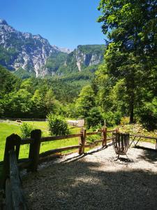 a wooden fence with mountains in the background at Skalca in Kamniška Bistrica