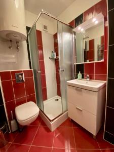 uma casa de banho com um chuveiro, um WC e um lavatório. em Veronika Apartman em Balatongyörök