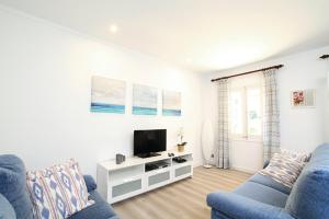 een woonkamer met twee blauwe banken en een tv bij Villa Plana by Villa Plus in Pollença