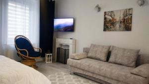 a living room with a couch and a tv at Apartamenty gościnne na szlaku in Złoty Stok
