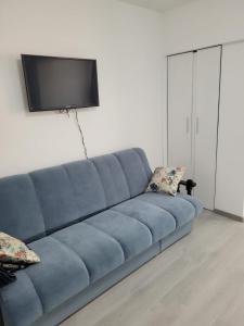 um sofá azul numa sala de estar com uma televisão de ecrã plano em Zenlux em Iaşi