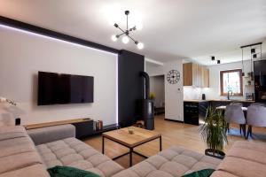 ein Wohnzimmer mit einem Sofa und einem Flachbild-TV in der Unterkunft Apartament Pieniny in Jaworki