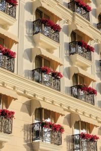 Radisson Collection Morina Hotel, Tirana في تيرانا: مبنى به علب ورد وشرفات عليها ورد احمر