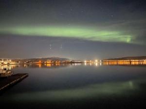 eine Aurora über dem Wasser in der Nacht in der Unterkunft Sandtorgholmen Hotel - Best Western Signature Collection in Harstad