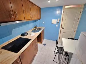cocina con fregadero y pared azul en AlfandegaPorto Apartments, en Oporto