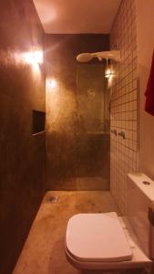 a bathroom with a toilet and a shower with at Casa Canoa - Praia de Algodões in Marau