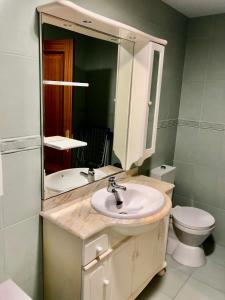 uma casa de banho com um lavatório, um WC e um espelho. em Vivenda da Avoa em Monforte de Lemos