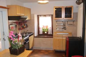 a kitchen with wooden cabinets and a window with a christmas tree at Dolomites Holidays in Selva di Cadore