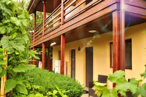 ein Haus mit einer Veranda mit Holzgeländer in der Unterkunft Casa Boby in Murighiol
