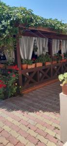 a wooden gazebo with potted plants in it at Casa David in Sulina