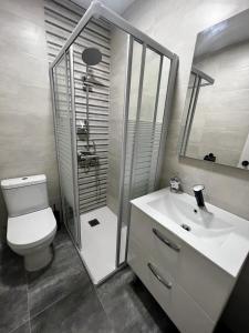 W łazience znajduje się toaleta, umywalka i prysznic. w obiekcie Atico CabezoDoce w mieście Calahorra