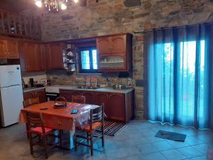 a kitchen with wooden cabinets and a table with chairs at LIMNIONAS SUNVIEW in Xorychti