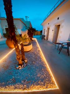 a patio with a palm tree and lights on it at Zlatni Rat Beach Resort in Bol