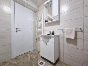 ein weißes Badezimmer mit Waschbecken und Spiegel in der Unterkunft Apartmani Gala Žabljak in Žabljak