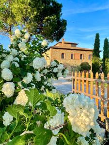 un jardin avec des fleurs blanches devant une clôture dans l'établissement Agriturismo La Colmata, à Cesa