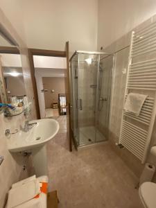 a bathroom with a glass shower and a sink at Agriturismo Costadoro in Bardolino