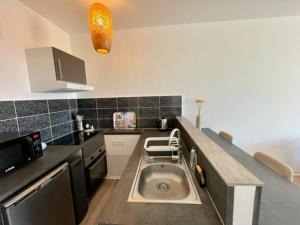 eine Küche mit einem Waschbecken in der Mitte in der Unterkunft Lumineux Studio 30m2 / Balcon / Proche Gare et Ville in Montigny-lès-Metz