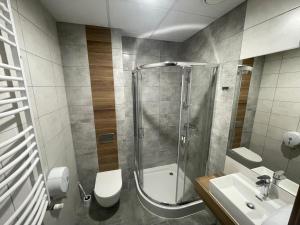 a bathroom with a shower and a toilet and a sink at AQUARA Radomsko in Radomsko