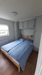 a bedroom with a bed with blue sheets and a window at Huisje VOS in Schoonloo