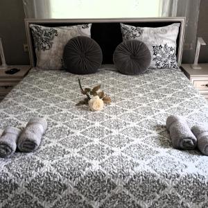 a bedroom with a bed with pillows and a bedspread at Baltā in Ventspils