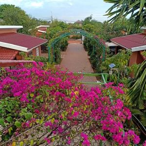 a garden with pink flowers and a green bridge at Sun Boutique Resort & Restaurant in Siem Reap